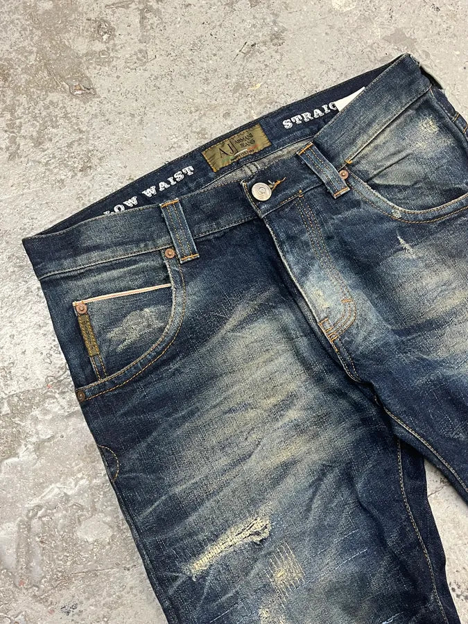 2000s Armani Blue Straight Distressed Faded Denim Jeans LNfISBZ 5