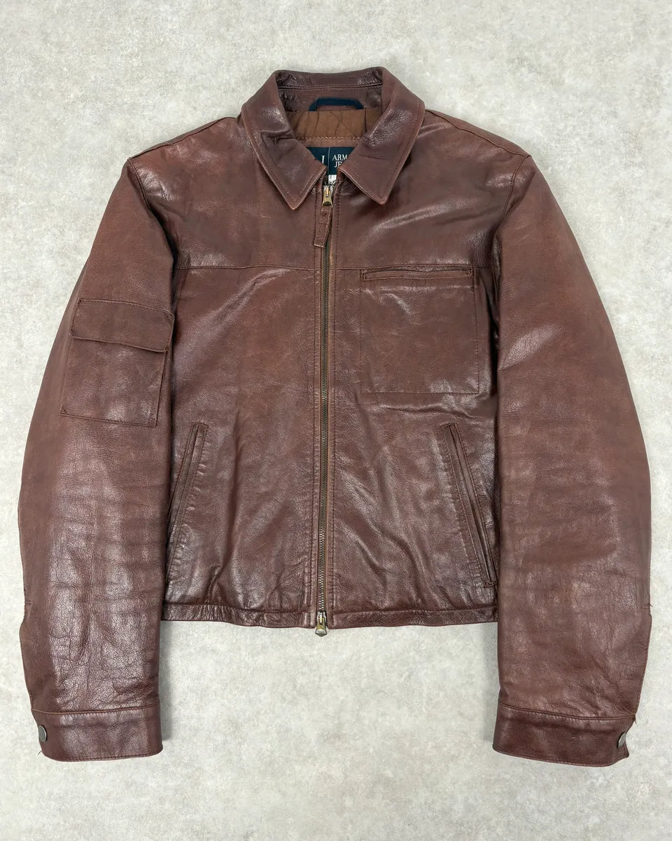 2000s Armani Brown Bordeaux Cropped Leather Premium Jacket KLSVZuu 0