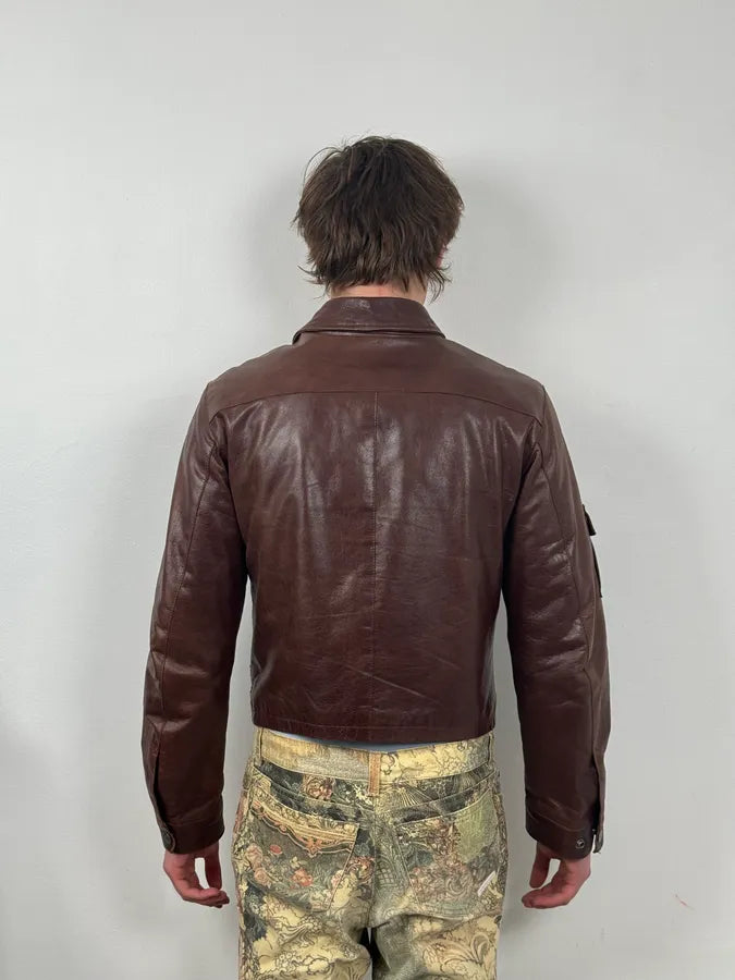 2000s Armani Brown Bordeaux Cropped Leather Premium Jacket KLSVZuu 2
