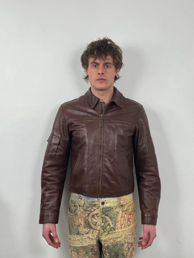 2000s Armani Brown Bordeaux Cropped Leather Premium Jacket KLSVZuu 1