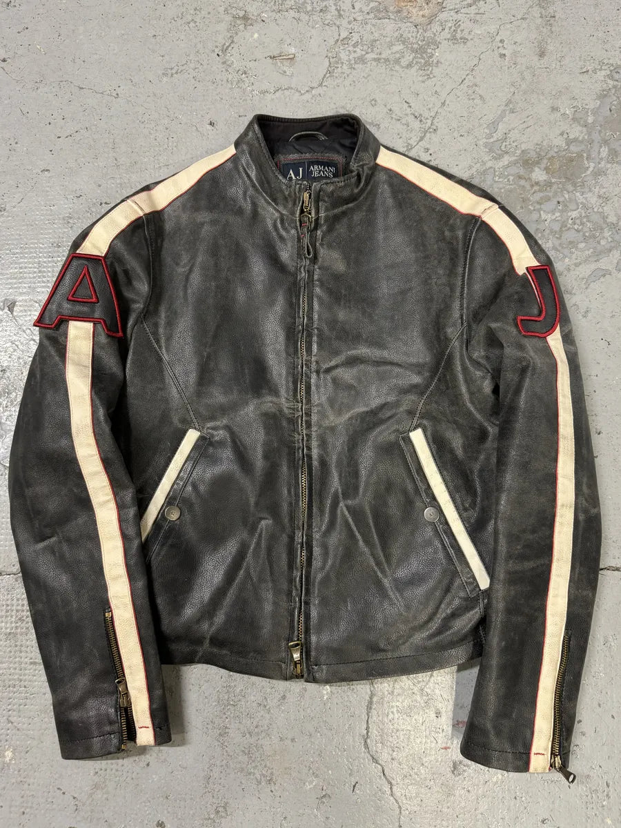 2000s Armani Brown AJ Biker Leather Jacket lQLzbmy 0