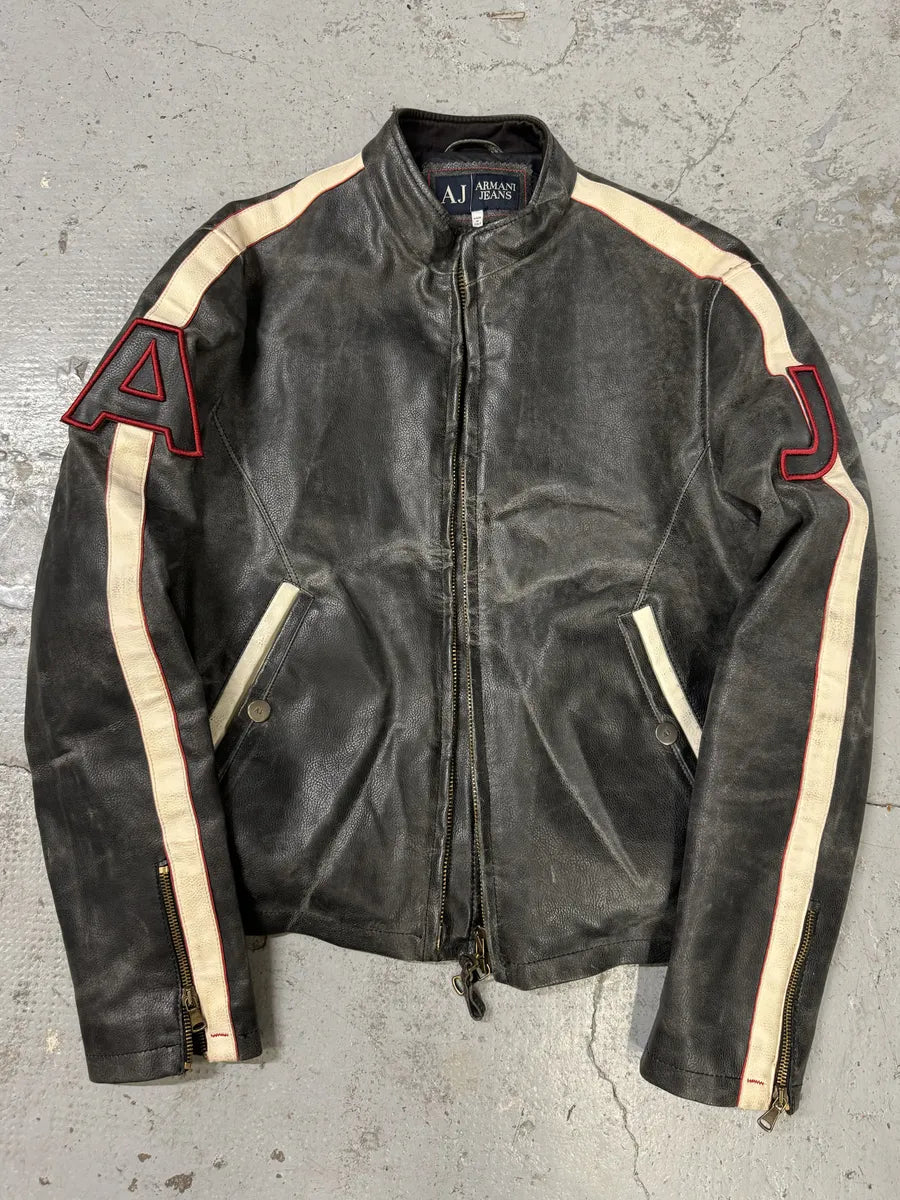 2000s Armani Brown AJ Biker Leather Jacket lQLzbmy 3