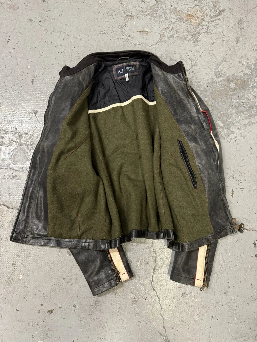 2000s Armani Brown AJ Biker Leather Jacket lQLzbmy 7
