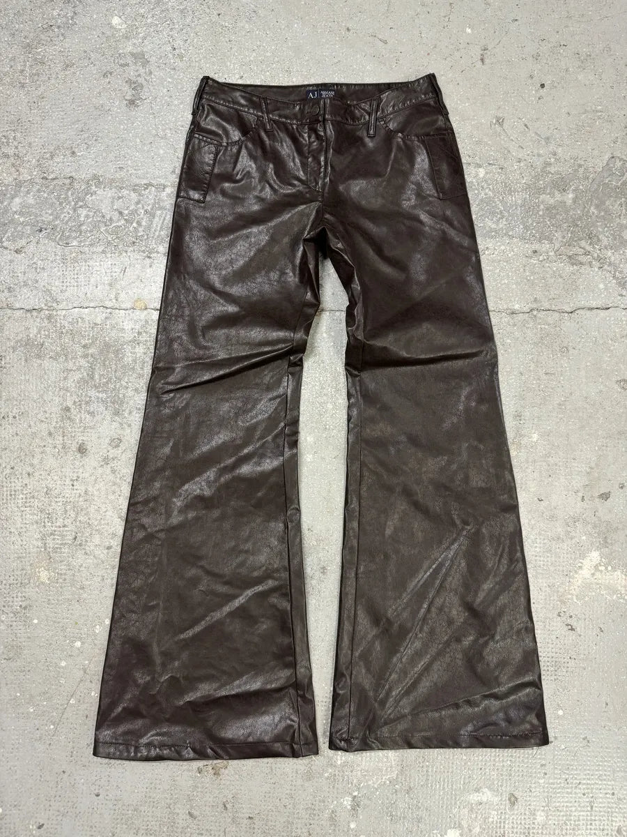 2000s Armani Brown Eco Leather Buttoned Pants (S) 0