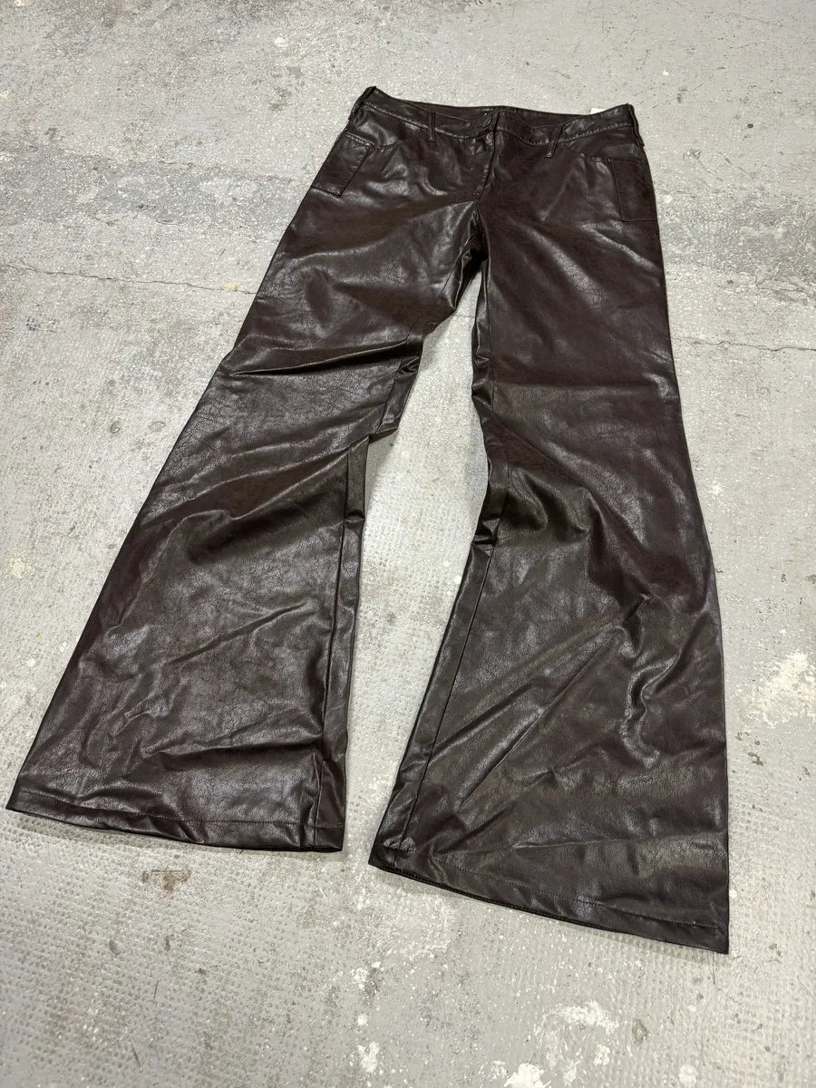 2000s Armani Brown Eco Leather Buttoned Pants (S) 4