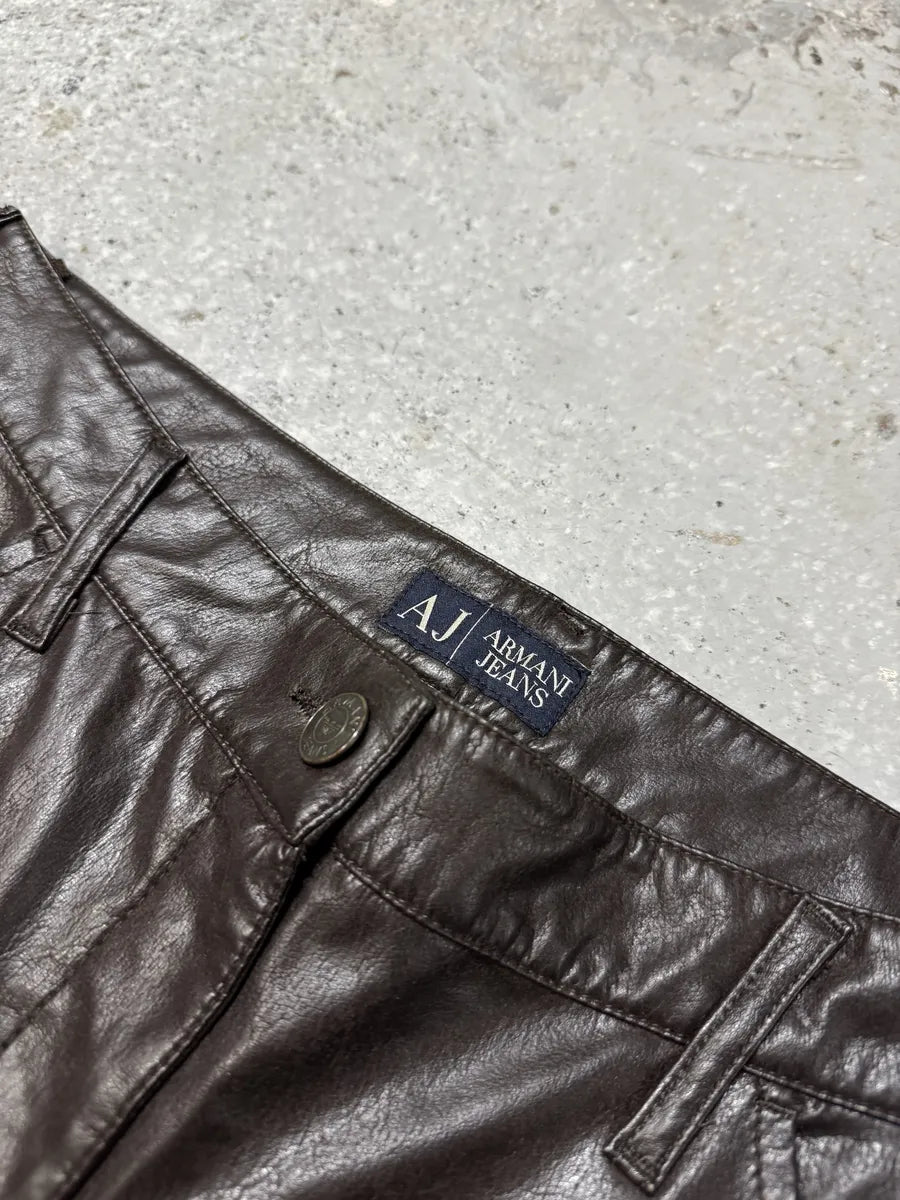 2000s Armani Brown Eco Leather Buttoned Pants (S) 6