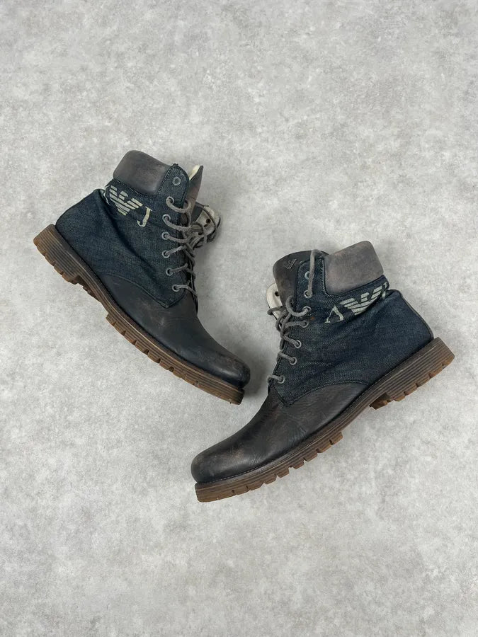 2000s Armani Brown Eroded Leather & Denim Boots RXuCbeT 4