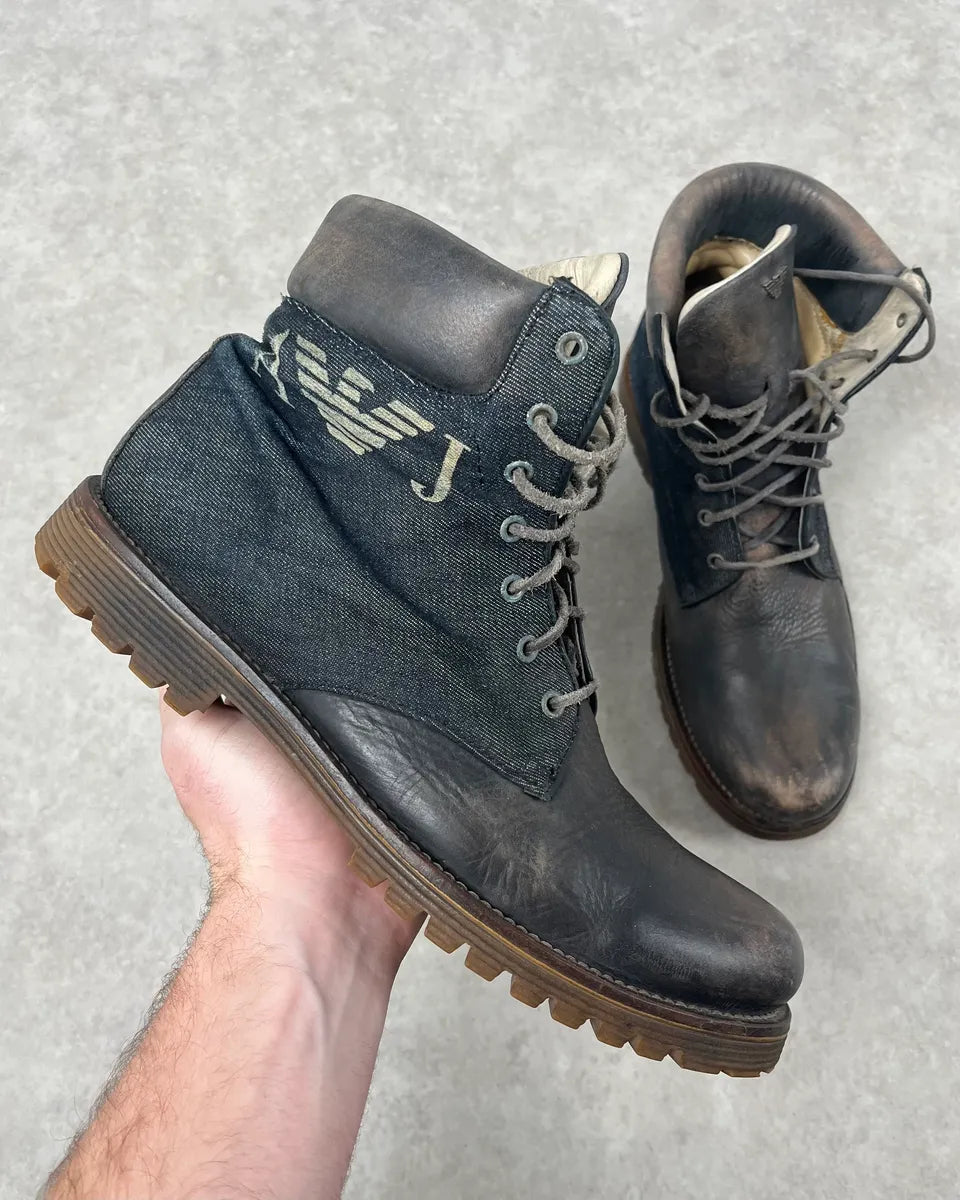 2000s Armani Brown Eroded Leather & Denim Boots RXuCbeT 0