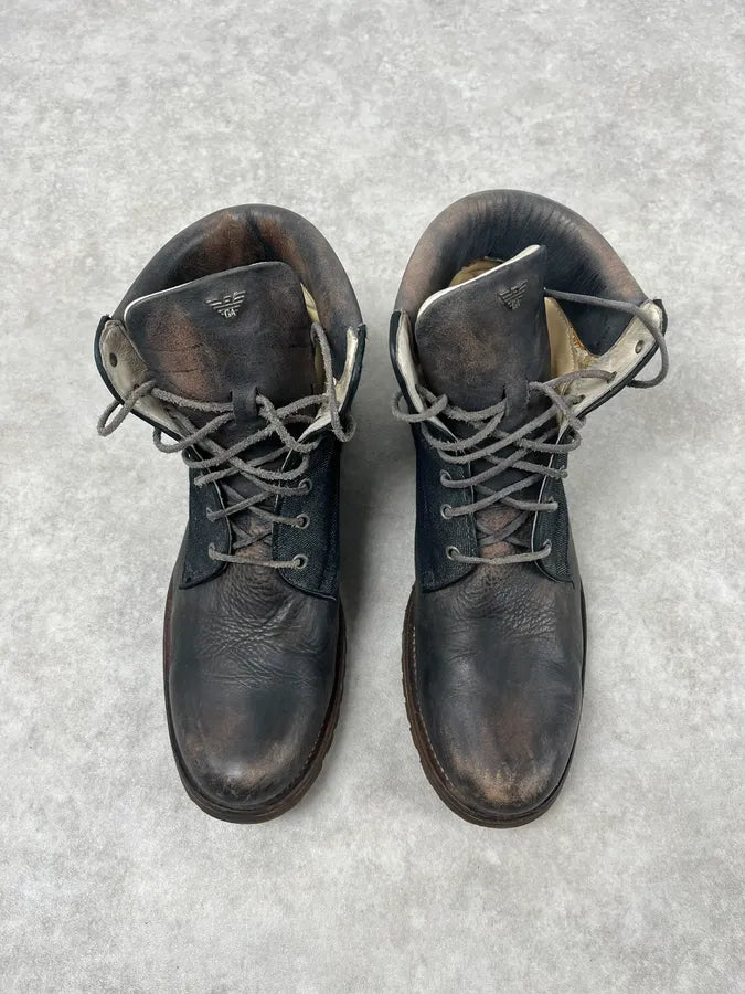 2000s Armani Brown Eroded Leather & Denim Boots RXuCbeT 1