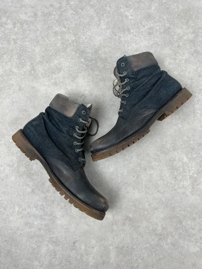 2000s Armani Brown Eroded Leather & Denim Boots RXuCbeT 2