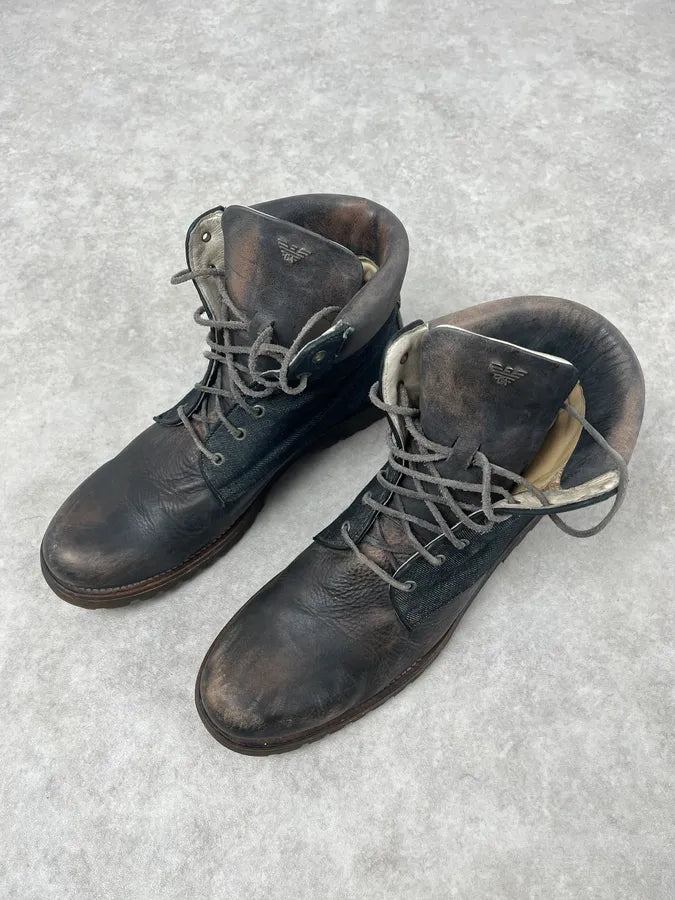 2000s Armani Brown Eroded Leather & Denim Boots RXuCbeT 3