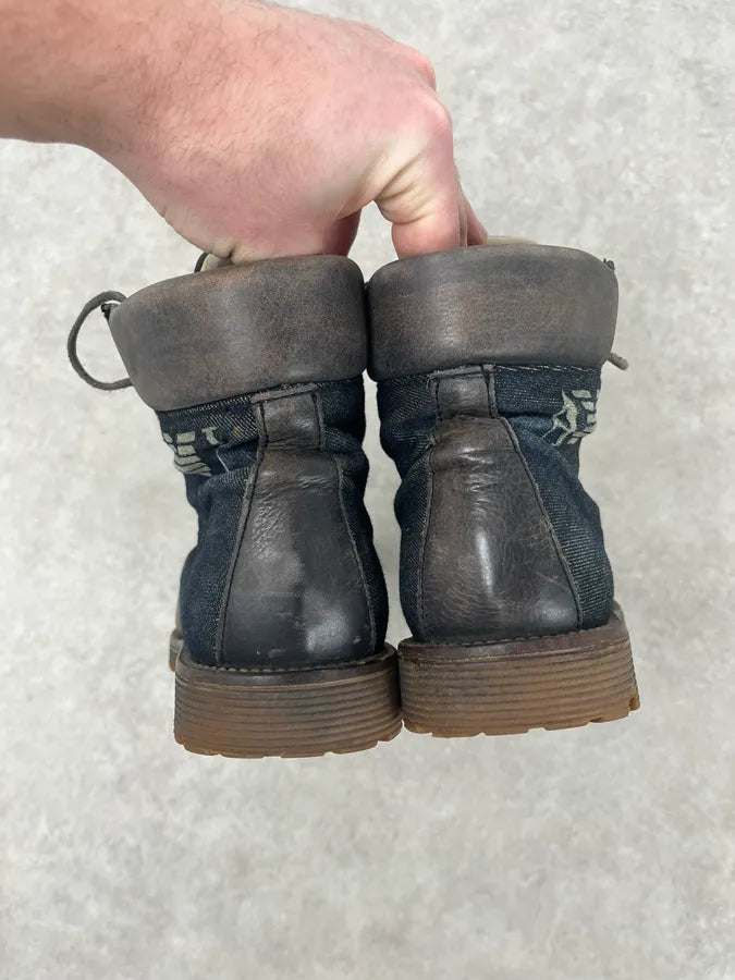 2000s Armani Brown Eroded Leather & Denim Boots RXuCbeT 5