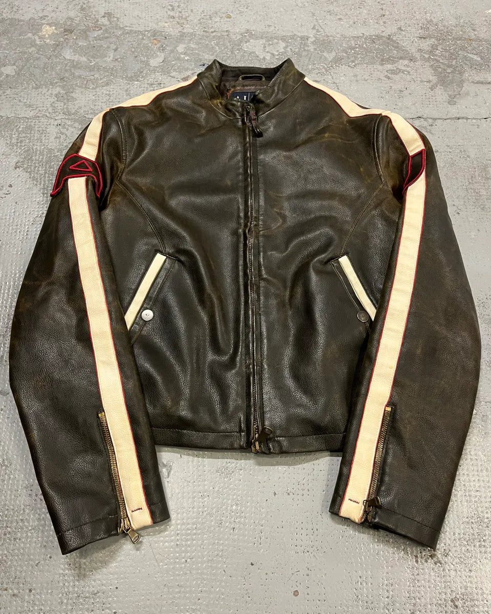2000s Armani Brown Faded Leather Biker Jacket  ZQsLoGT 0