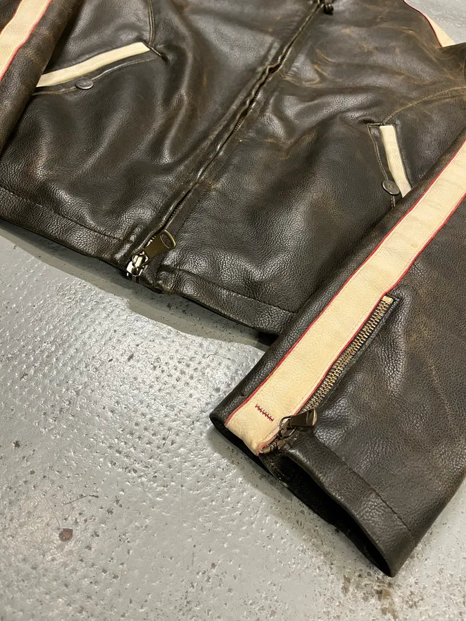 2000s Armani Brown Faded Leather Biker Jacket  ZQsLoGT 5