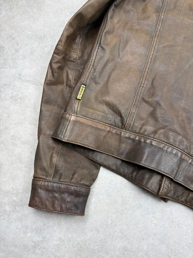 2000s Armani Brown Faded Leather Jacket OVyylMq 8