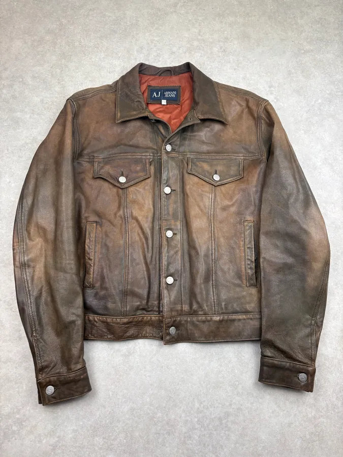 2000s Armani Brown Faded Leather Jacket OVyylMq 0