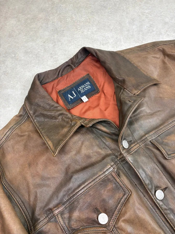 2000s Armani Brown Faded Leather Jacket OVyylMq 4