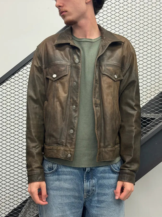 2000s Armani Brown Faded Leather Jacket OVyylMq 1