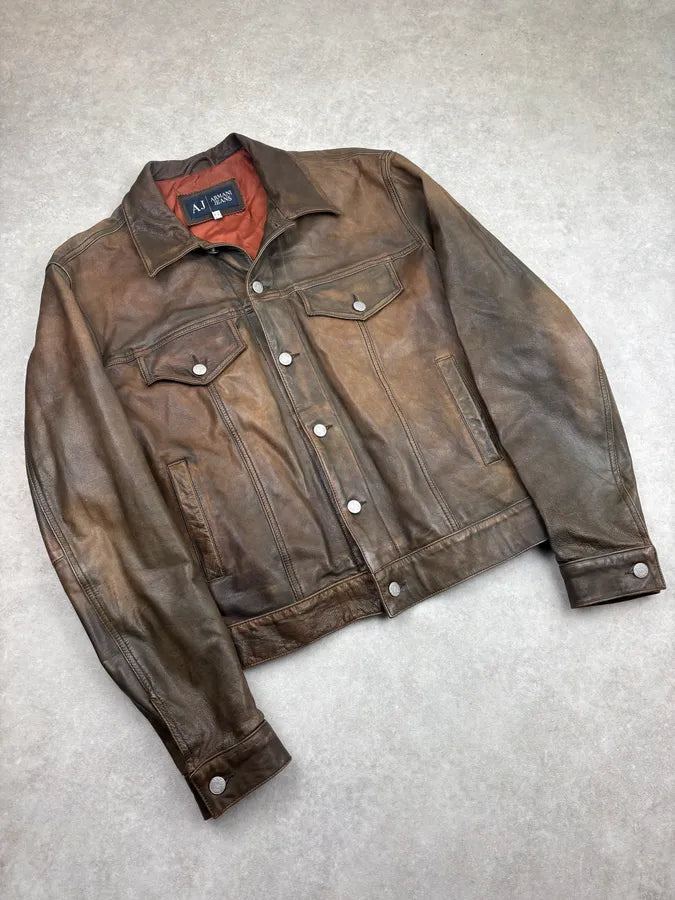 2000s Armani Brown Faded Leather Jacket OVyylMq 3