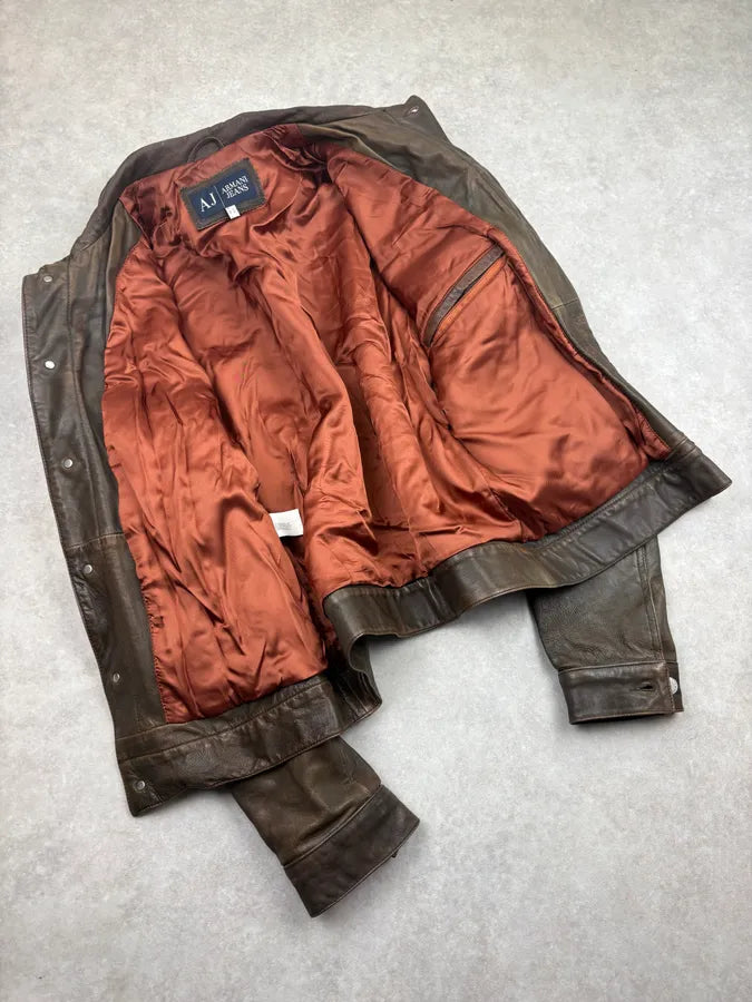 2000s Armani Brown Faded Leather Jacket OVyylMq 6