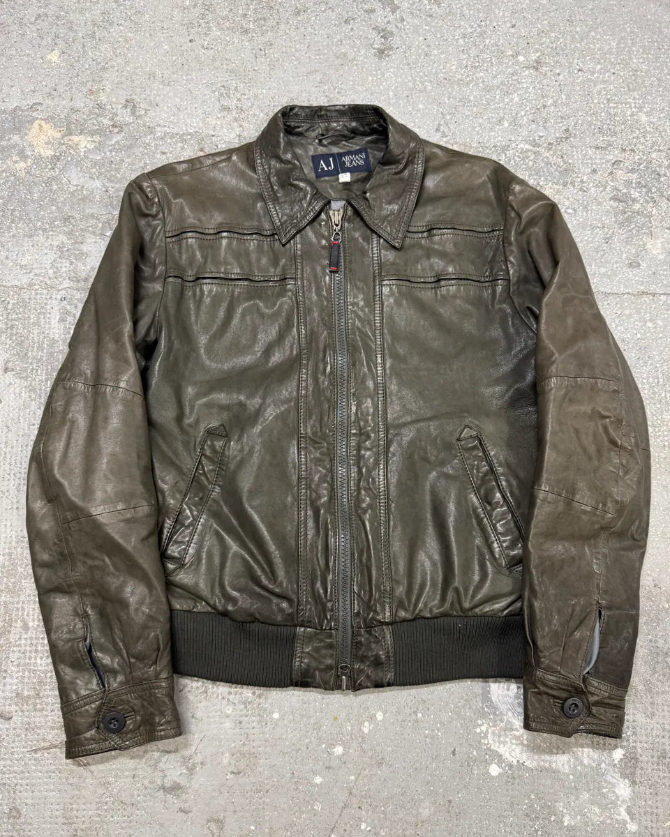 2000s Armani Brown Grey Leather Jacket (S/M) 0