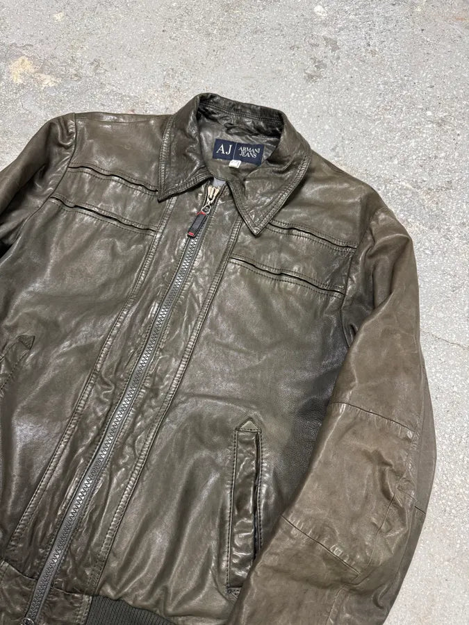 2000s Armani Brown Grey Leather Jacket (S/M) 1