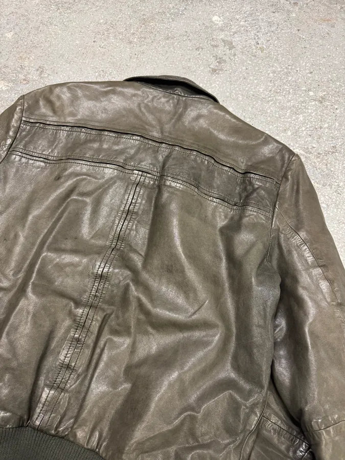 2000s Armani Brown Grey Leather Jacket (S/M) 3