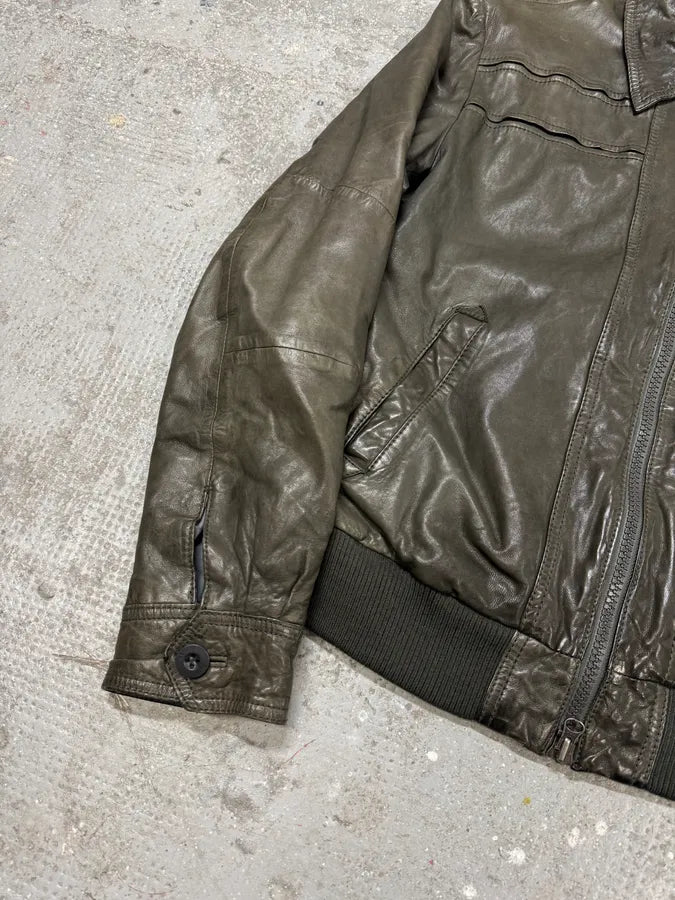 2000s Armani Brown Grey Leather Jacket (S/M) 5
