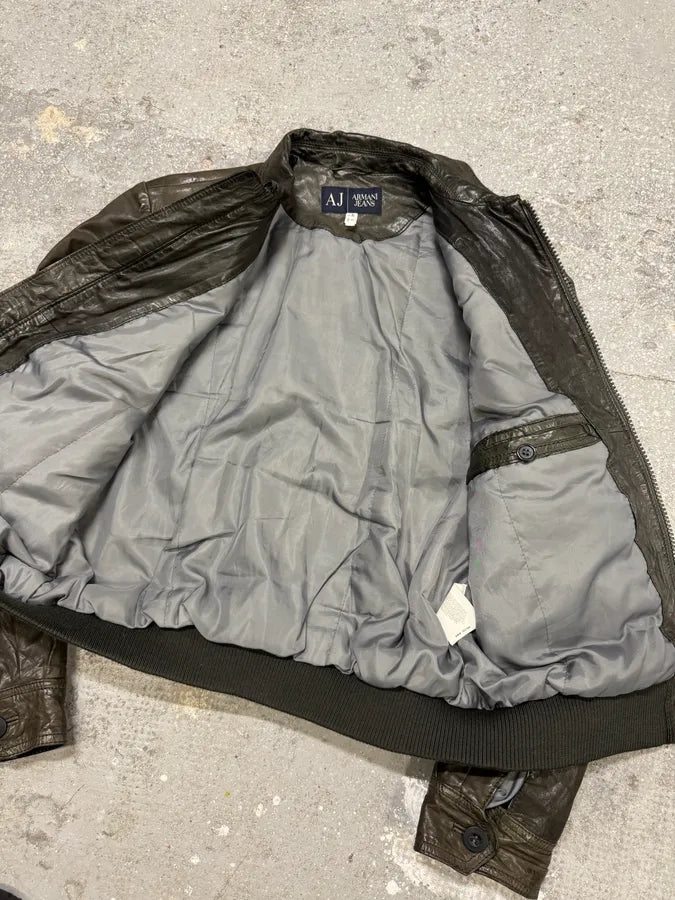 2000s Armani Brown Grey Leather Jacket (S/M) 7