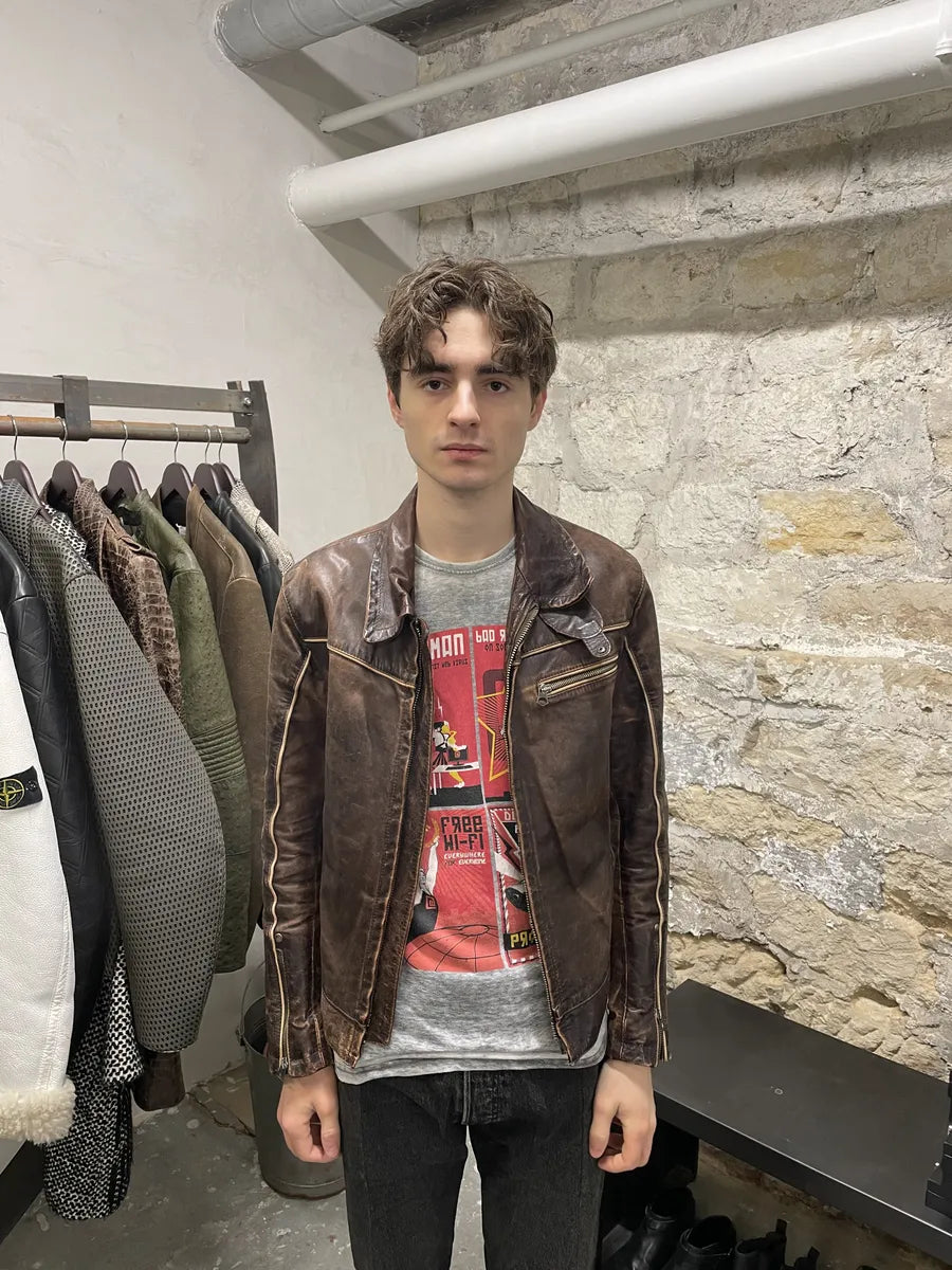 2000s Armani Brown Leather Biker Jacket (M) 1