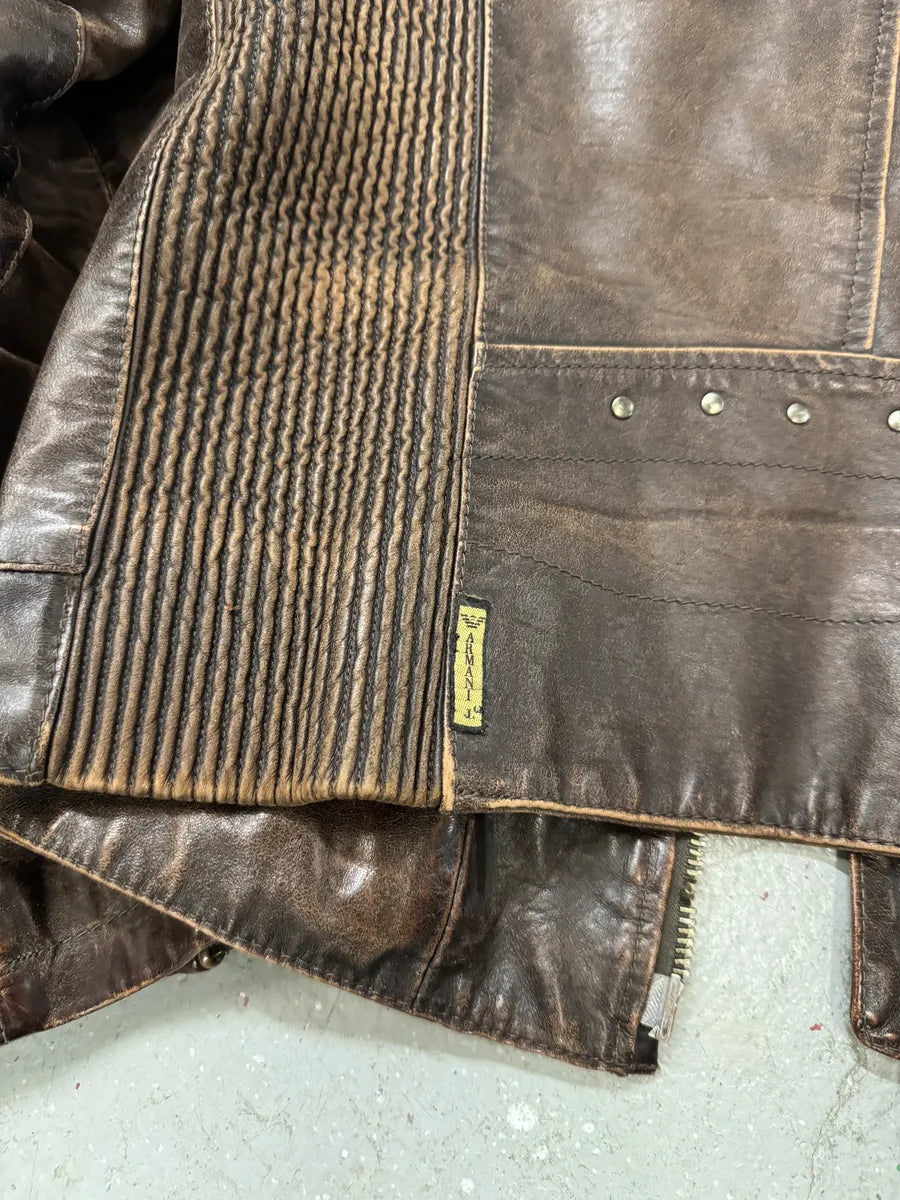 2000s Armani Brown Leather Biker Jacket (M) 10
