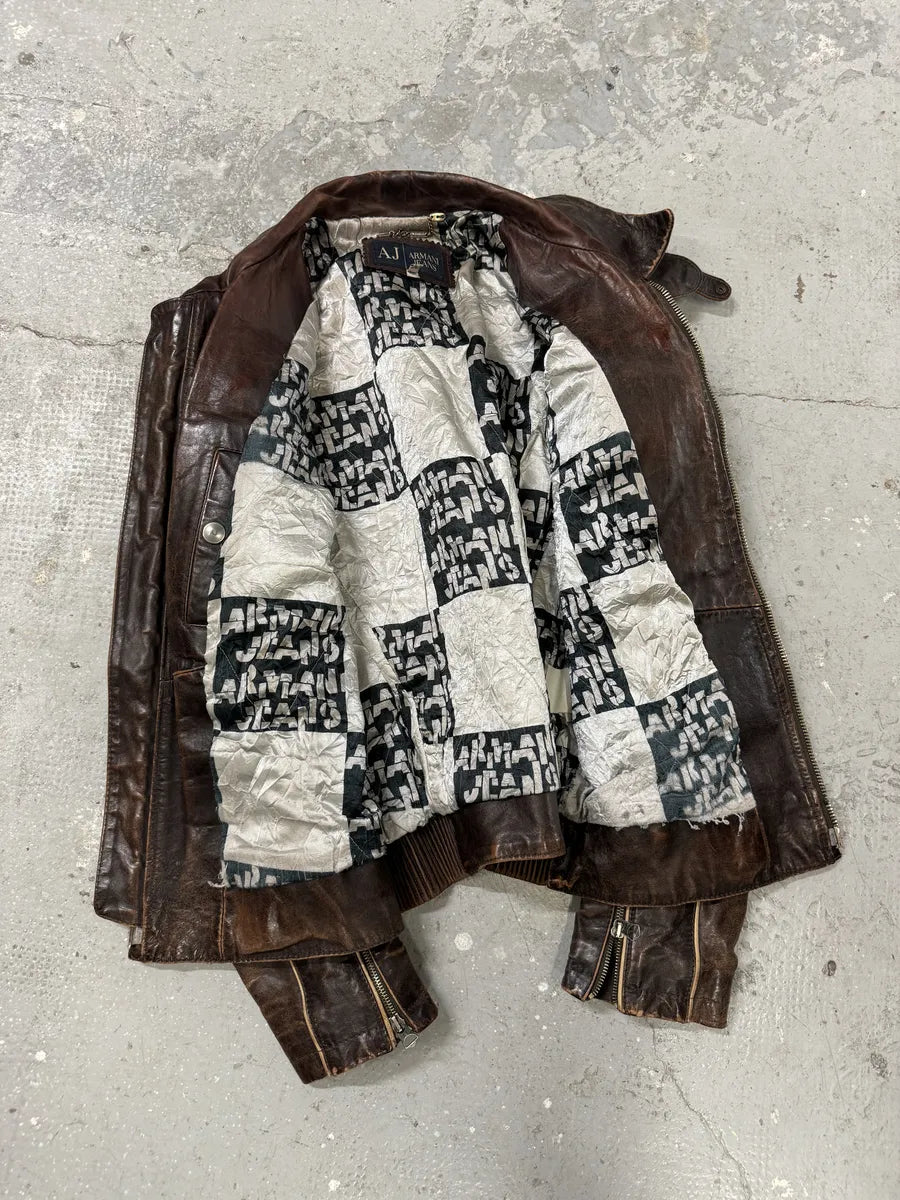 2000s Armani Brown Leather Biker Jacket (M) 11