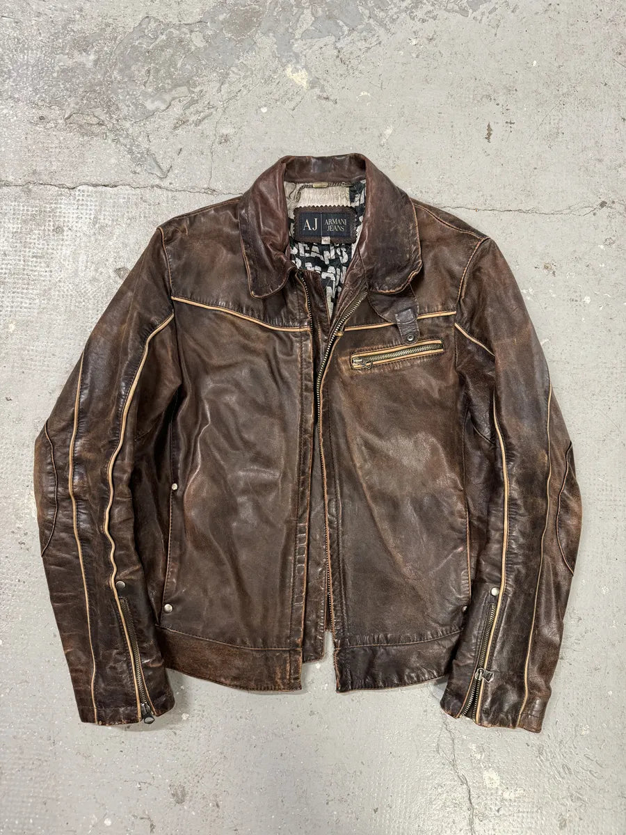 2000s Armani Brown Leather Biker Jacket (M) 4