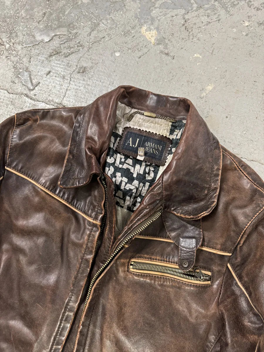 2000s Armani Brown Leather Biker Jacket (M) 5