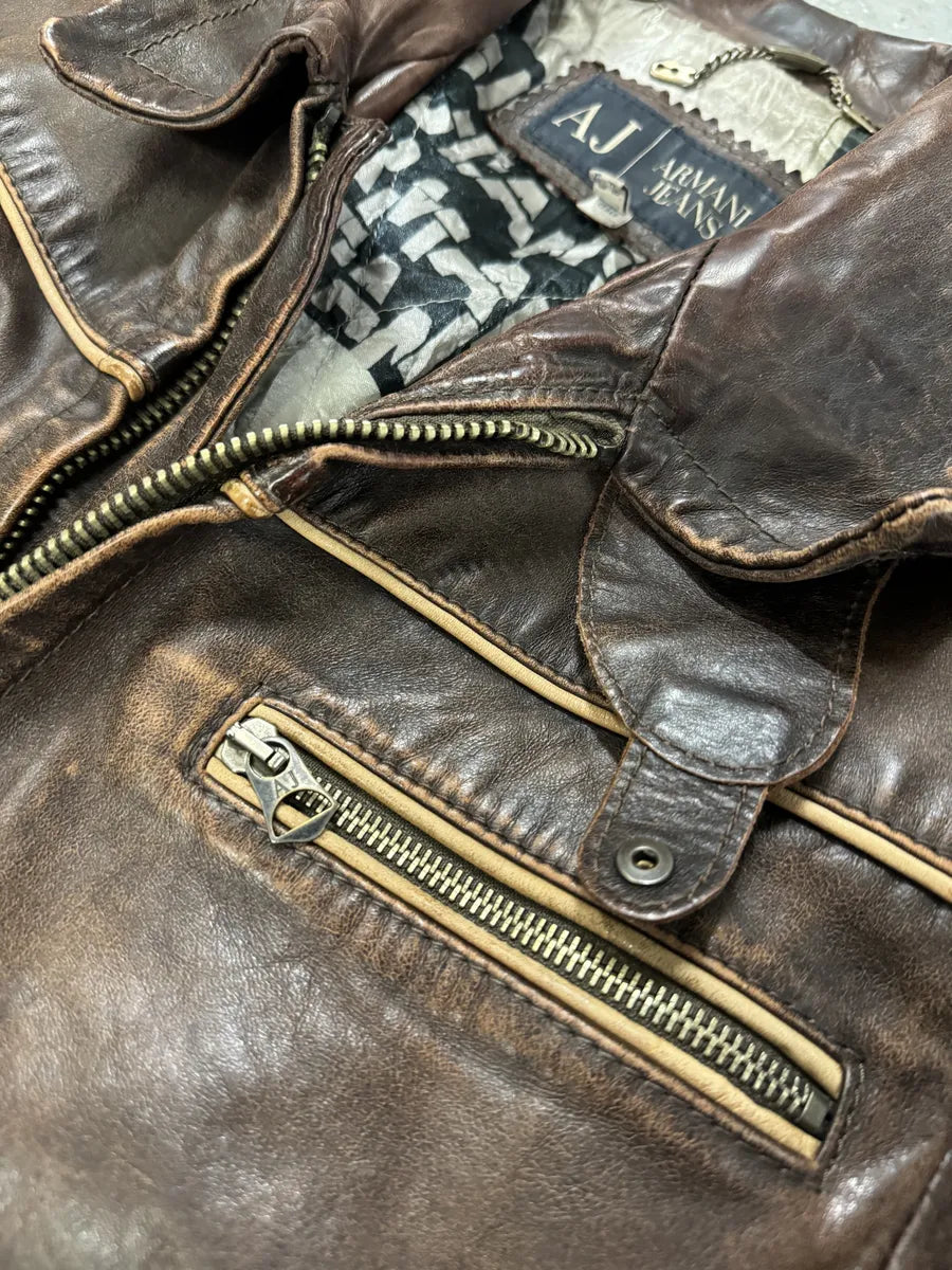 2000s Armani Brown Leather Biker Jacket (M) 6