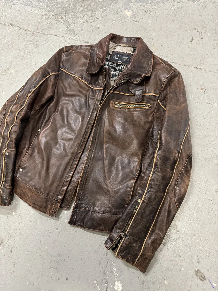 2000s Armani Brown Leather Biker Jacket (M) 7