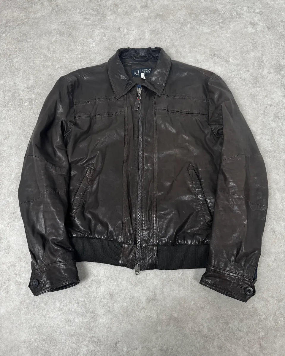 2000s Armani Dark Brown Leather Jacket pVzbYNB 0