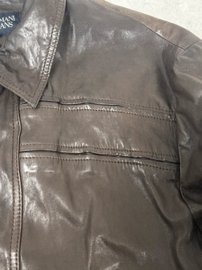 2000s Armani Dark Brown Leather Jacket pVzbYNB 7