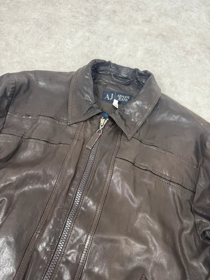 2000s Armani Dark Brown Leather Jacket pVzbYNB 4