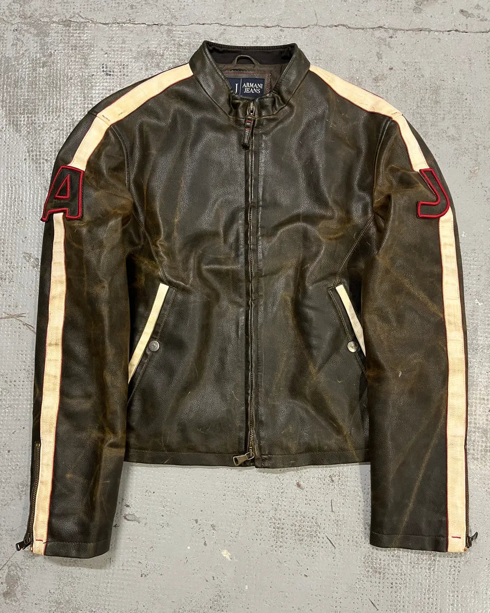2000s Armani Brown Leather Stripe Biker Leather Jacket mjJueWj 0
