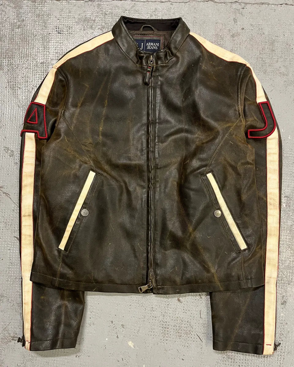 2000s Armani Brown Leather Stripe Biker Leather Jacket mjJueWj 1