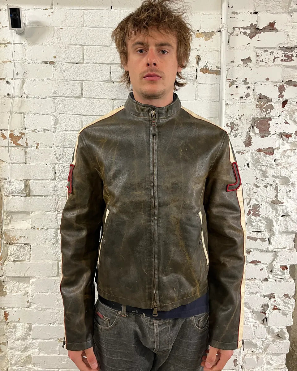 2000s Armani Brown Leather Stripe Biker Leather Jacket mjJueWj 2