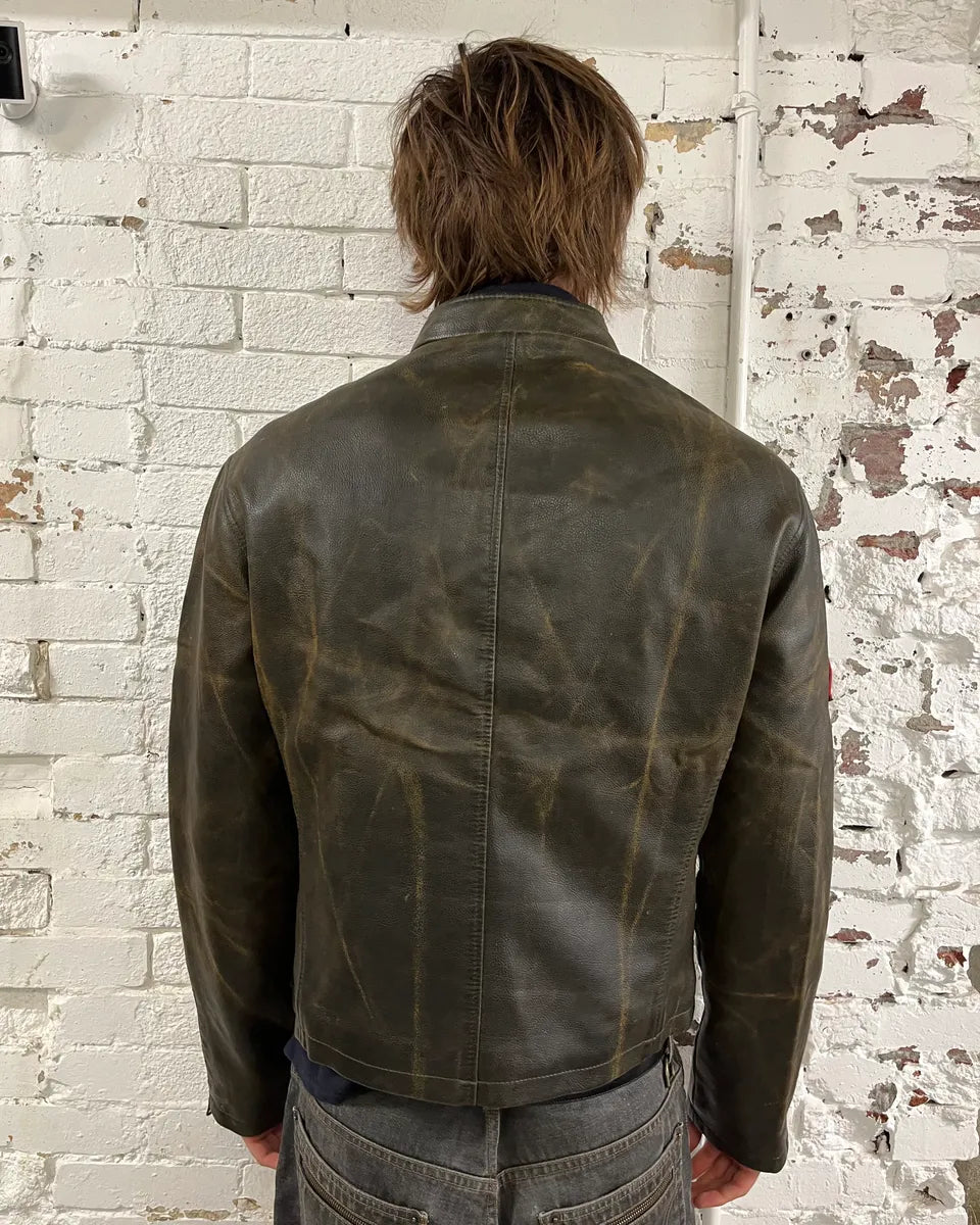2000s Armani Brown Leather Stripe Biker Leather Jacket mjJueWj 3