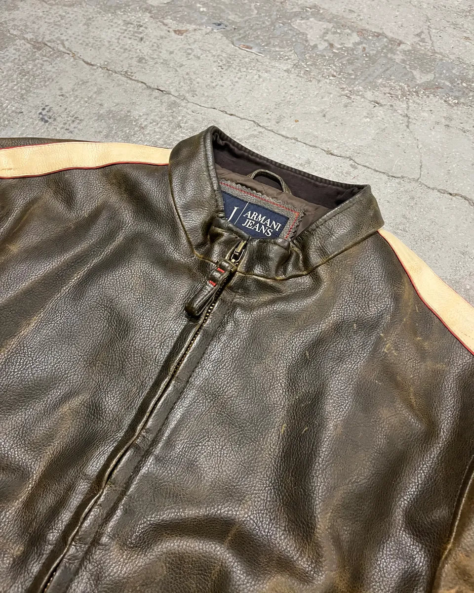 2000s Armani Brown Leather Stripe Biker Leather Jacket mjJueWj 4