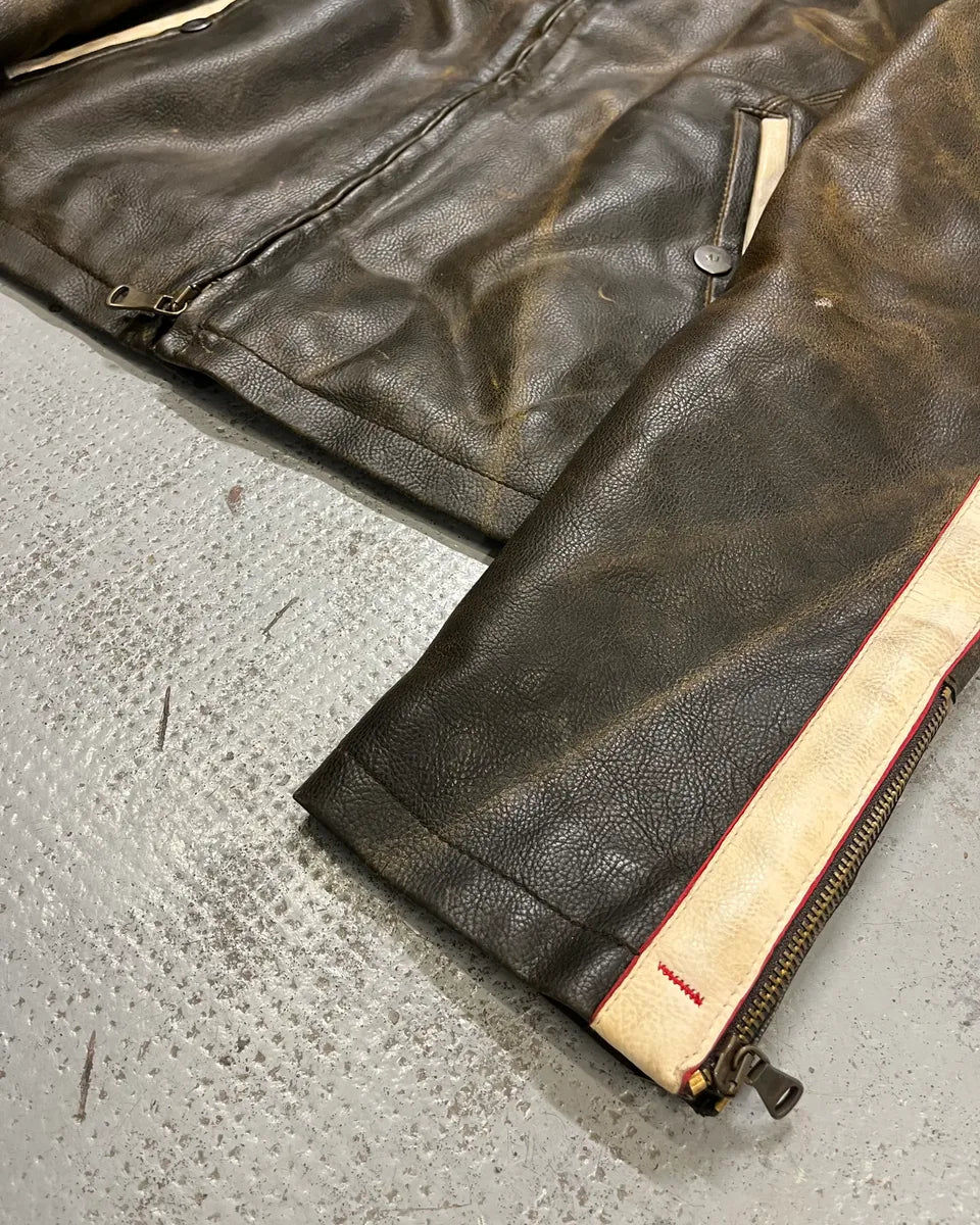2000s Armani Brown Leather Stripe Biker Leather Jacket mjJueWj 5