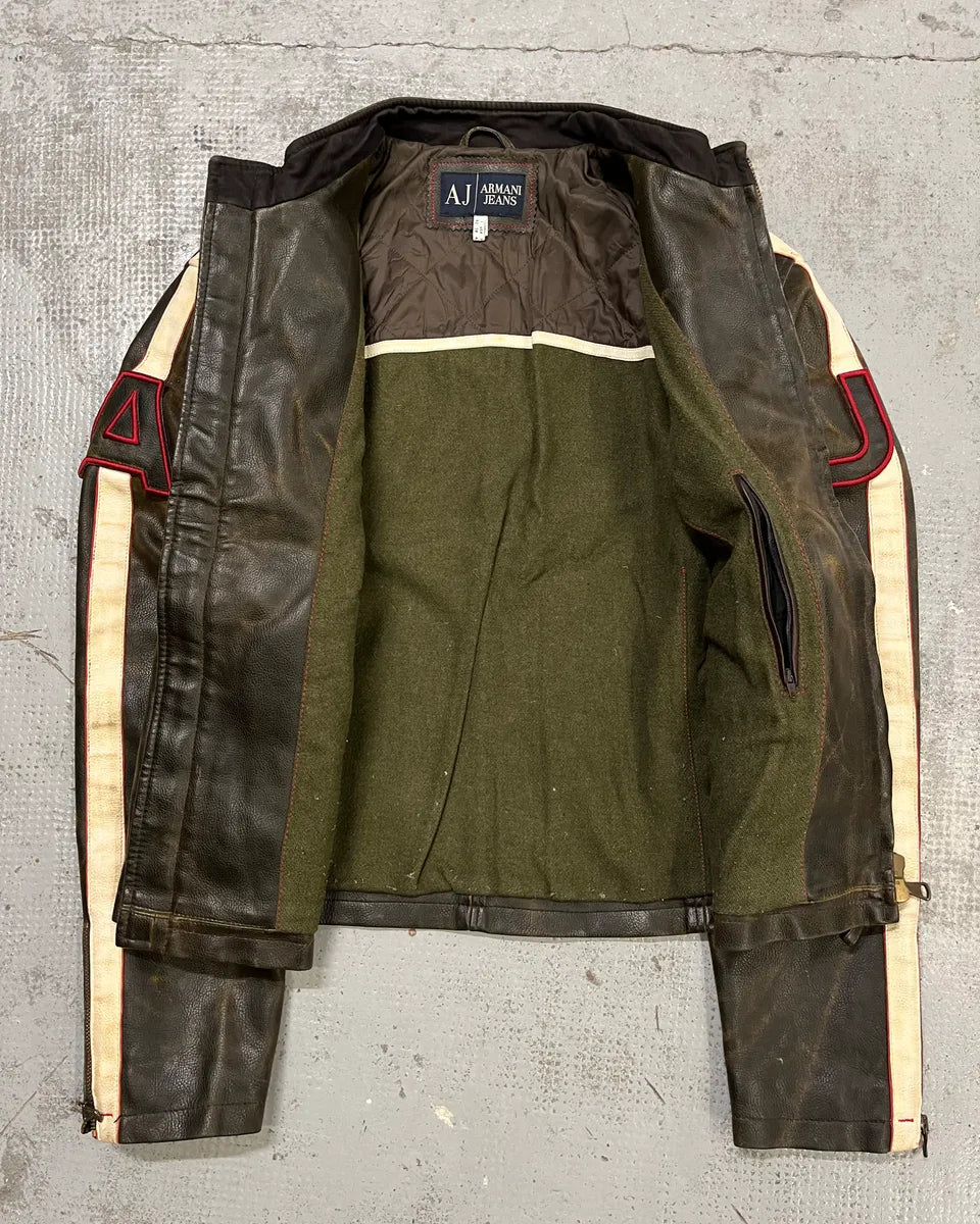 2000s Armani Brown Leather Stripe Biker Leather Jacket mjJueWj 7