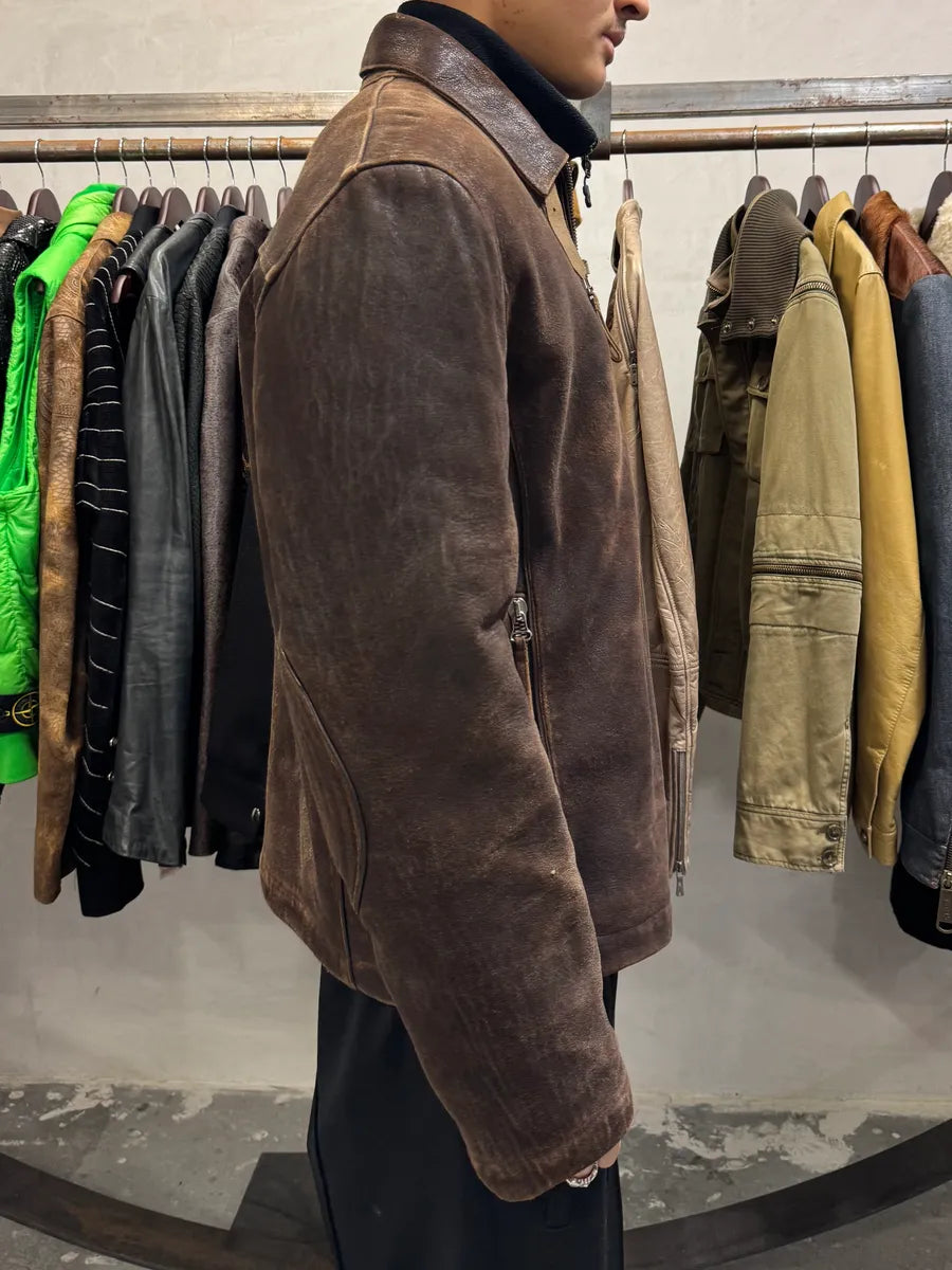 2000s Armani Brown Padded Faded Leather Jacket (M) 10