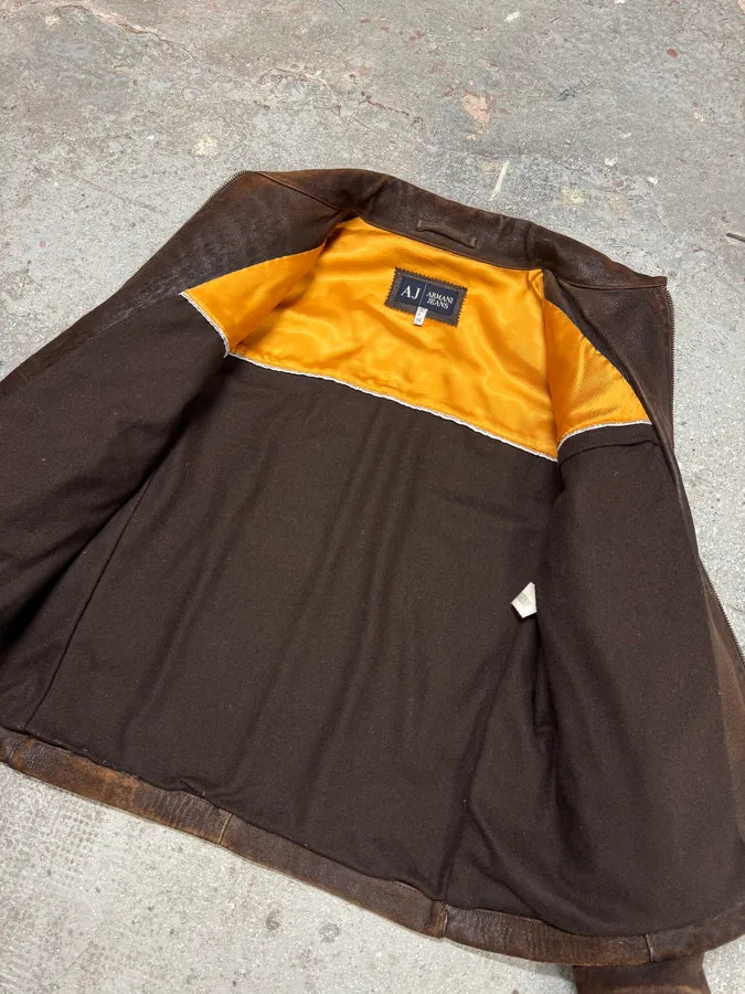 2000s Armani Brown Padded Faded Leather Jacket (M) 7