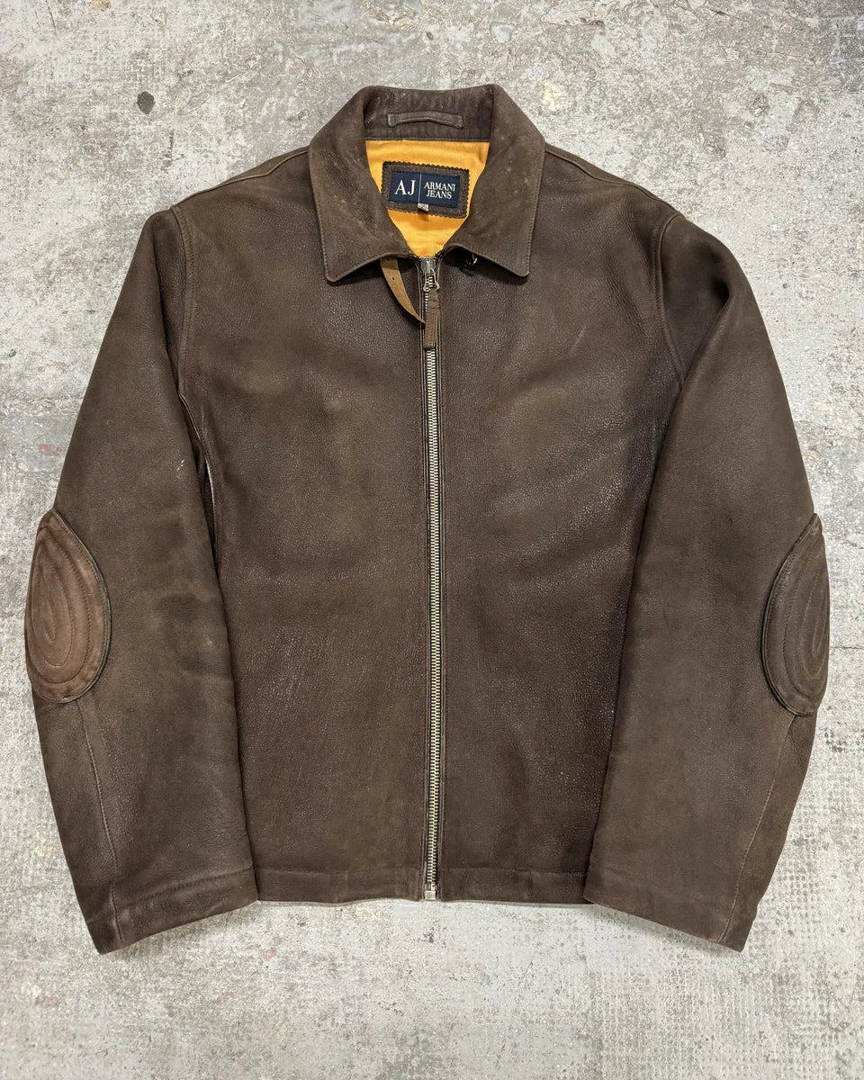 2000s Armani Brown Padded Faded Pure Leather Jacket zhitmal 0