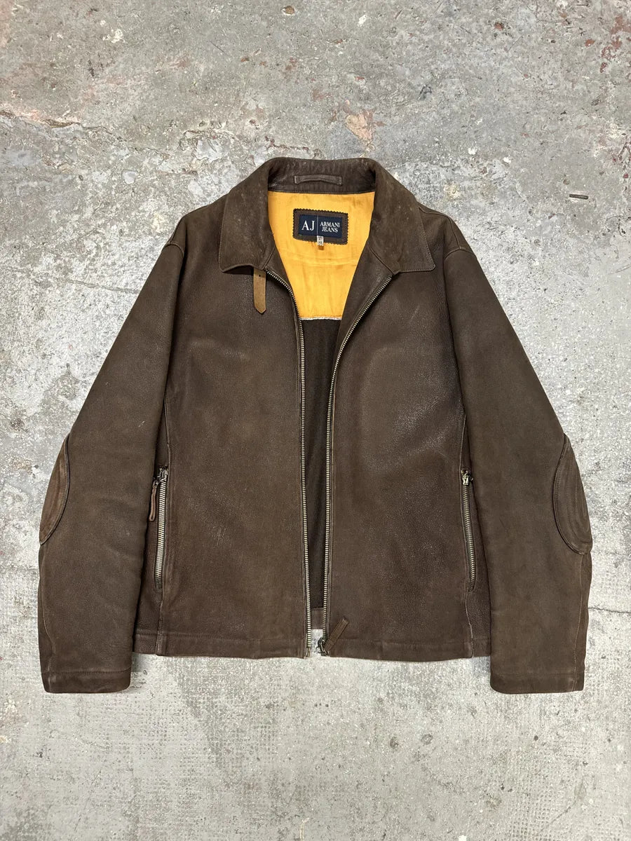 2000s Armani Brown Padded Faded Pure Leather Jacket zhitmal 2
